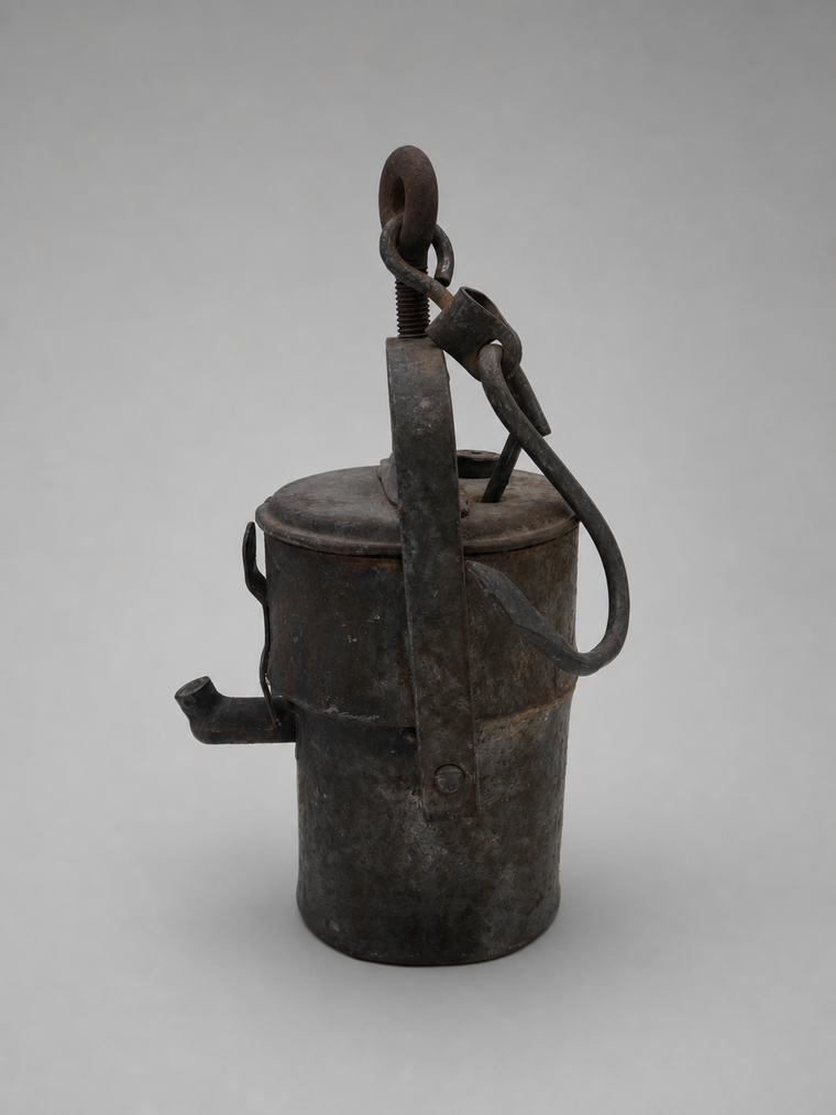 Acetylengrubenlampe mit Karbid- und Wasserbehälter